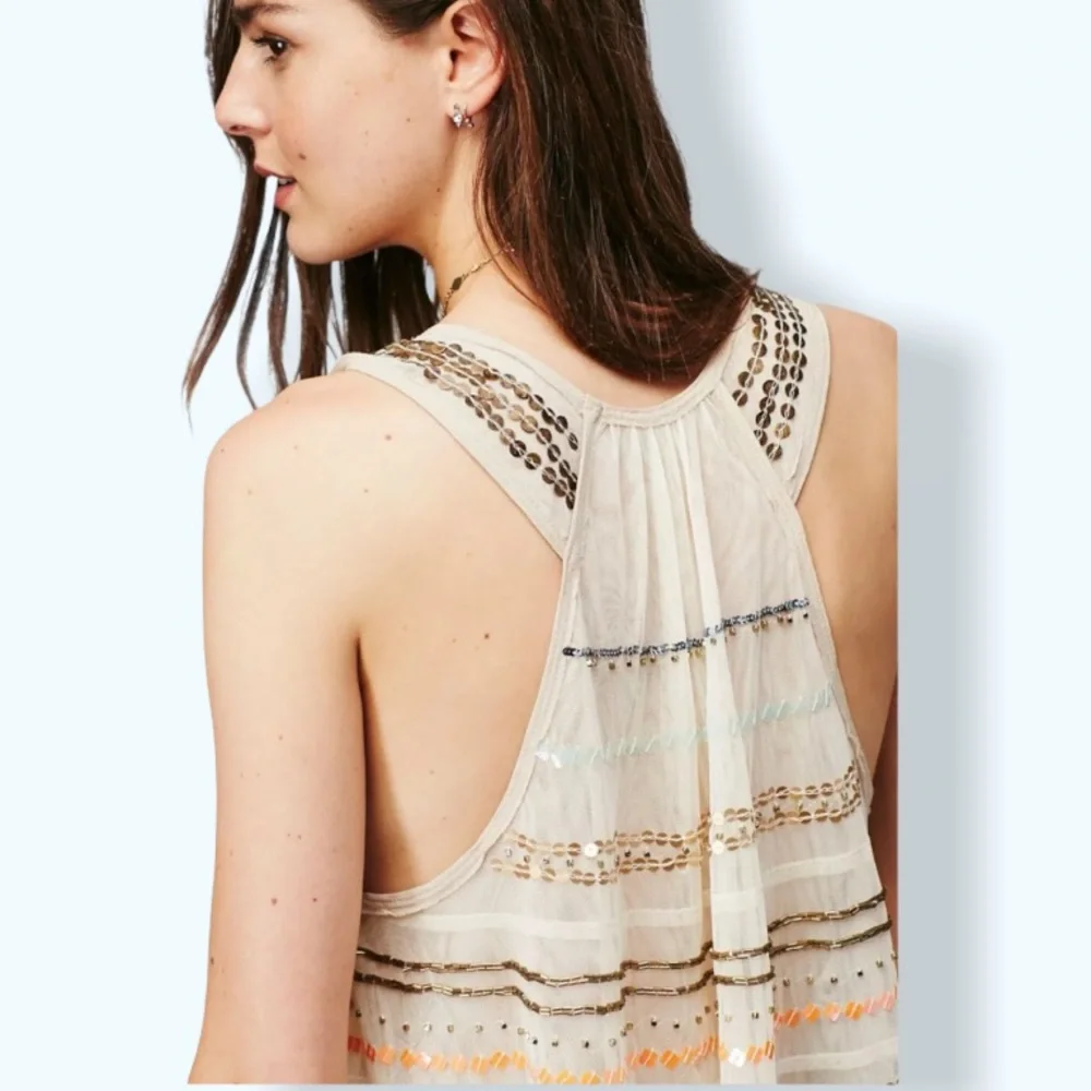 New Free People Mercury XS Ivory Gold Sheer Sequin Sleeveless Swing Racerback